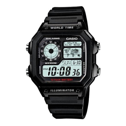 Reloj Casio Digital Ae1200 1a Correa Negra Wr100 Correa Negro Bisel Negro Fondo Negro