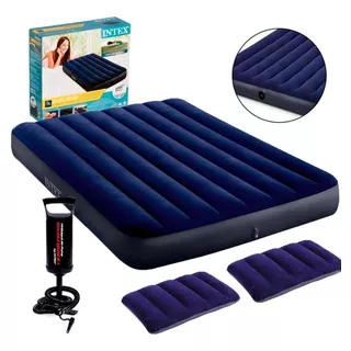 Colchon Inflable Campismo Bomba 2 Almohadas Queen Intex Color Azul