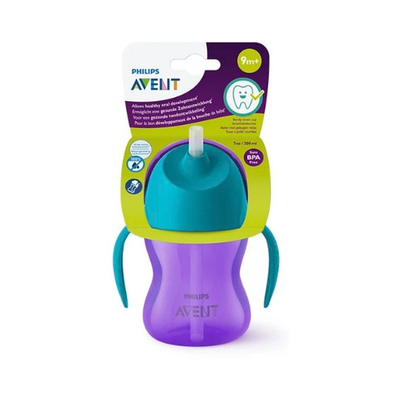 Vaso Entrenador Avent Con Popote 9m+ 200ml Plastico Antigote Color Morado/azul