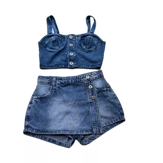 Conjunto Jeans 2pcs Blusa E Short Saia Botao Kit Elastico