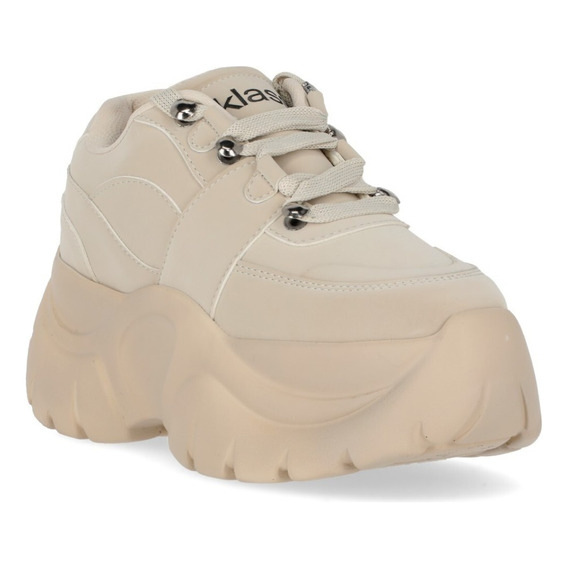 Tenis Dama Plataforma 6.5cm Beige Monocolor Cintas 330-62