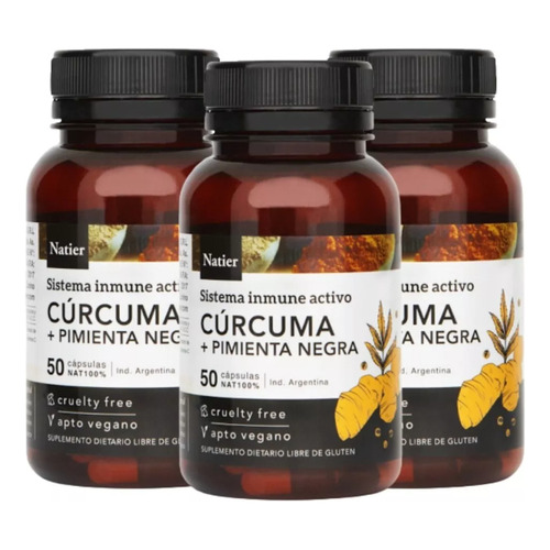 Suplemento en cápsula Natier  Cúrcuma + Pimienta Negra antioxidantes en frasco de 150mL 50 un pack x 3 u