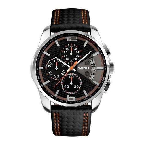 Reloj de pulsera Skmei 9106 de cuerpo color plateado, analógico, para hombre, fondo negro, con correa de cuero color negro y naranja, agujas color blanco y naranja, dial plateado, subesferas color negro, minutero/segundero naranja, bisel color negro y hebilla simple