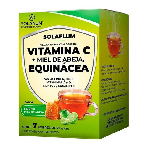 Solanum Vitamina C, Equinácea Miel Abeja Polvo 7 Sobres Sfn Sabor Limon y Miel de Abeja