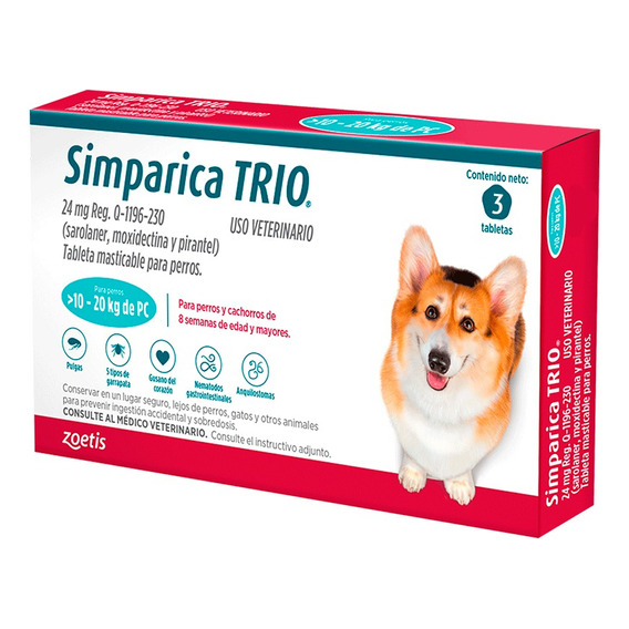 Simparica Trio Antipulgas Para Perros 10.1 A 20kg X 3 Tab