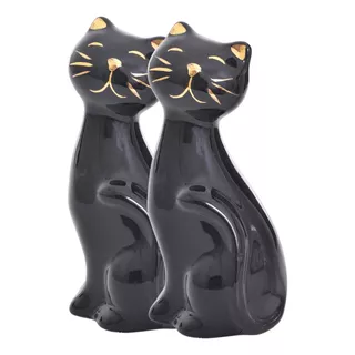 2 Gatos Cerâmica Escultura Decoração Delicado Pequeno Hale Cor Preto