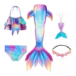 Traje De Baño Para Niñas Sirena Con Cola Multicolor 5 Piezas