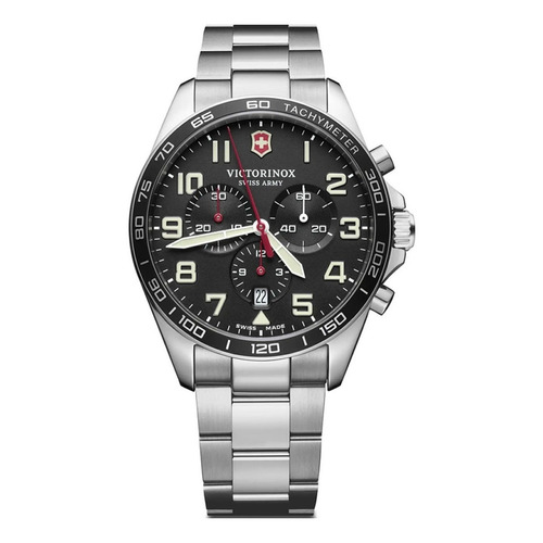 Reloj pulsera Victorinox Chrono con correa de acero inoxidable color plata - fondo negro - bisel negro/blanco