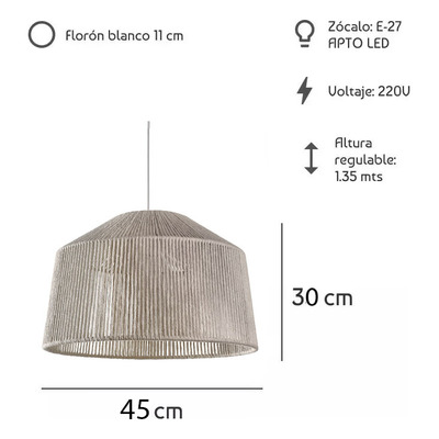 Colgante Hilo Natural Apto Led E27 Deco Conico 45cm 