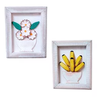 2 Quadros Decorativos Sala Moldura Madeira Banana Flores