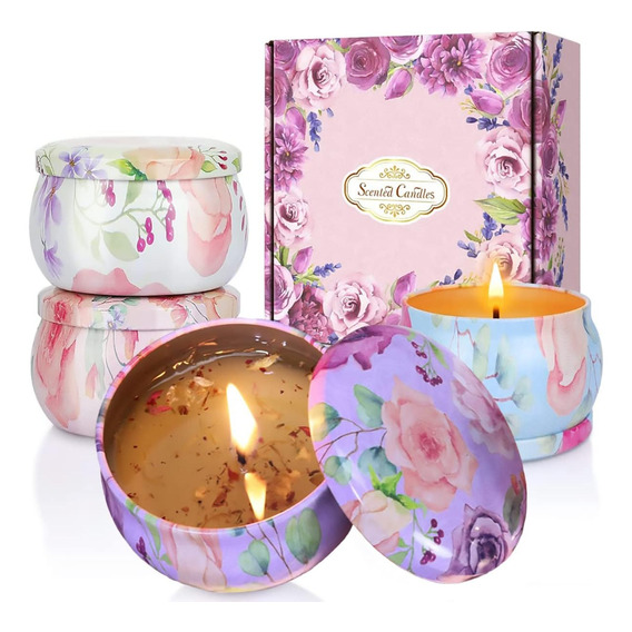 Velas Perfumadas Decorativas  Con Flores Secas4 Piezas