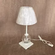 Lámpara Velador C/ Vidrio Y Pantalla Organza Hierro Blanco