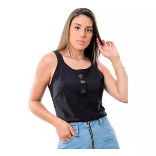 Regata Alça Larga Lisa Viscose Detalhe Botões Kit 2 Peças.