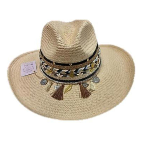 Sombrero Beige Vaquero Con Pompones Y Chaquira Holly Land