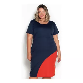 Vestido Midi Marinho E Laranja Com Recorte Plus Size