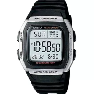 Relógio Preto Da Casio Unissex Digital W-96h-1avdf Bisel Prata Fundo Led