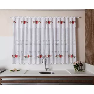 Cortina Premium Branca Floral Vermelho 2,20m X 1,20m