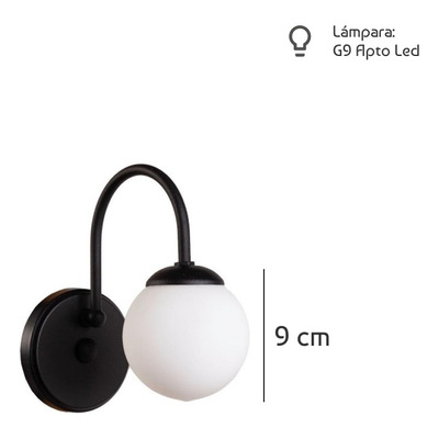 Aplique Lyon Elyn 1 Luz Negro Globo Opal Apto Led G9