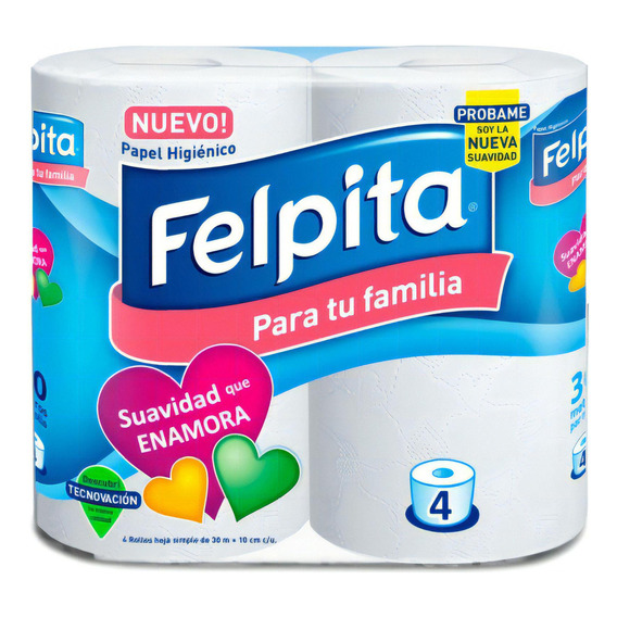 Papel higiénico Felpita Suavidad Que Enamora simple hoja 30 m de 4 u