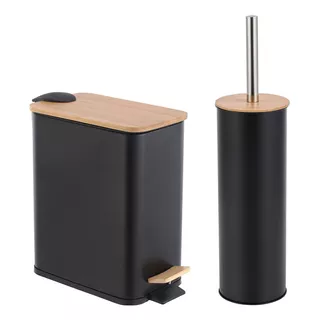 Kit Lavabo Banheiro Bambu Lixeira 5 Litros Pedal + Escova 