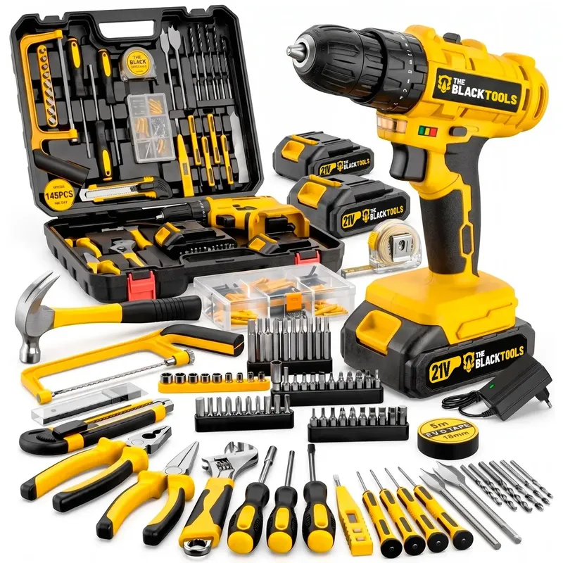 The Black Tools Parafusadeira Furadeira 2 Baterias Maleta Ferramentas e Acessórios 145 Peças