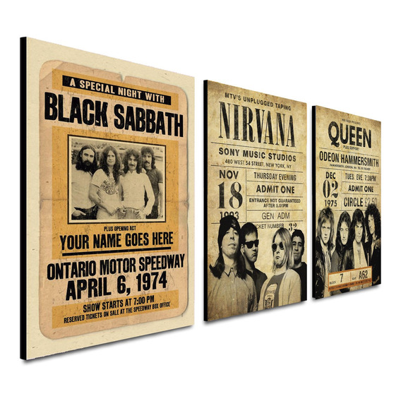 Triptico 60x25 Cms Decorativo Black Sabath, Nirvana, Queen