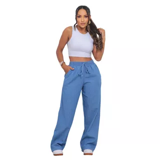 Calça Jeans Feminin Pantalona Com Elástico No Cintura