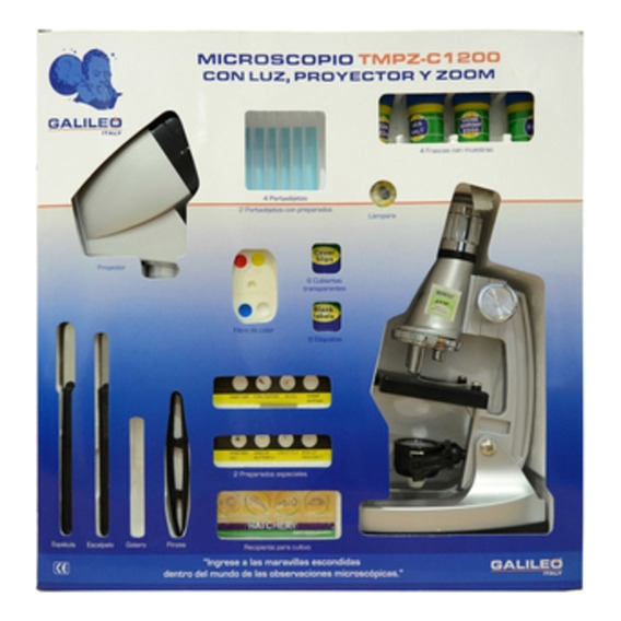 Microscopio Galileo Tmpz-c1200 1200x Aumentos Con Proyector Luz + Muestras Accesorios Completo Color Plateado