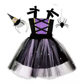 Vestido Infantil Fantasia Menina Halloween Bruxa Tiara