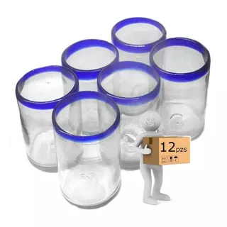 12 Vaso Agua 8x13 Vidrio Soplado Artesanal Con Borde Azul