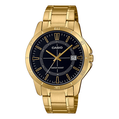 Reloj de pulsera Casio MTP-V004G-1CUDF, analógico, para hombre, fondo negro, con correa de acero inoxidable color dorado, bisel color dorado y desplegable