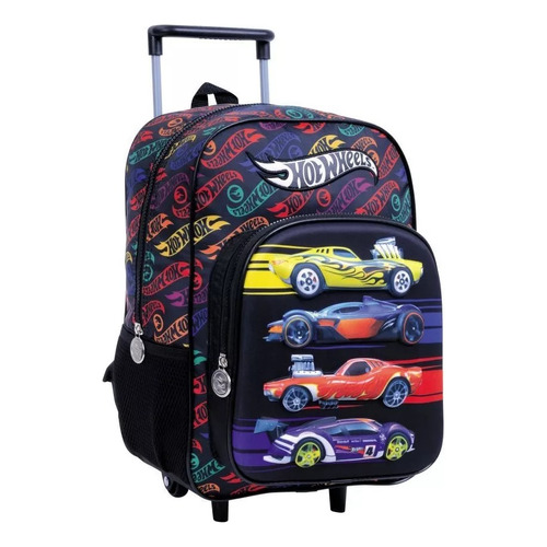 Mochila Con Carro 14 Hot Wheels Wabro 75117s Color Negro Diseño De La Tela Liso