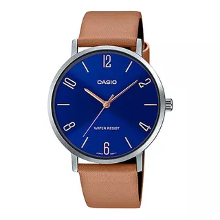 Reloj Casio De Vestir Mtp-vt01l-2b2, Semiplano, Correa-cuero Color De La Correa Marrón Claro Color Del Bisel Plateado Color Del Fondo Azul Acero