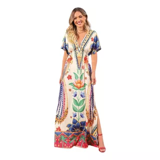 Vestido Floral Tropical Longo Feminino Soltinho Com Decote V