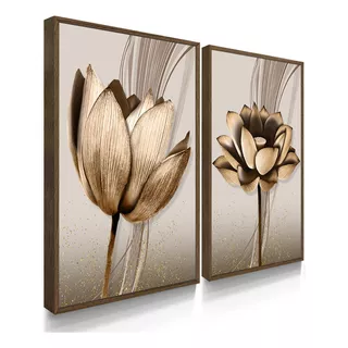 Quadros Dupla Decorativos Flores Ton Cobre  Sala Folhas