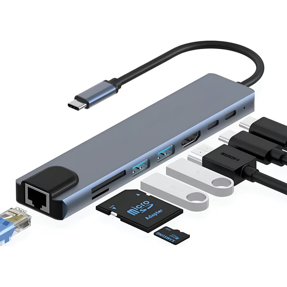 Hub Adaptador Multi Tipo C 8 En 1 Usb C A Hdmi Con Ethernet 