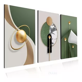 Quadros Decorativos Abstrato Geométrico Gold Green Sala 3 Pç Cor Borda Cor Da Armação Borda Infinita