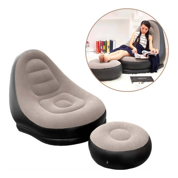 Sofá Sillón Inflable Reclinable Puff Portátil Posapie Comodo Color Negro