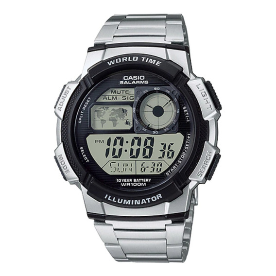 Reloj de pulsera Casio Youth Series AE-1000 de cuerpo color plateado, digital, para hombre, fondo negro, con correa de acero inoxidable color plateado, dial negro, subesferas color gris, minutero/segu