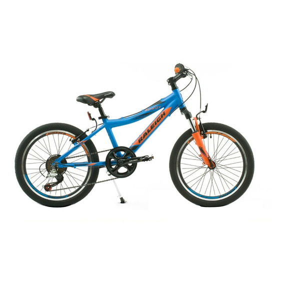 Mountain bike infantil Raleigh Rowdy R20 20" 7v frenos v-brakes cambio Shimano Tourney TZ400 color azul/naranja/negro con pie de apoyo  