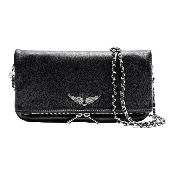 Cartera clutch Zadig y Voltaire Rock diseño liso de cuero bovino  noir con correa de hombro plateado/negra