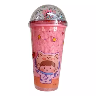 Vaso Glitter Rosa Con Luz Led Niña Astronauta Salchicha