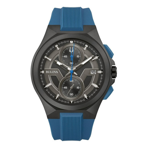 Reloj Bulova Black Dial Silicone Strap Maquina 98b380 Color de la correa Azul