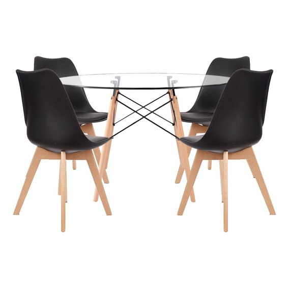 Juego Comedor Mesa Eames Vidrio Redonda 120cm + 4 Tulip