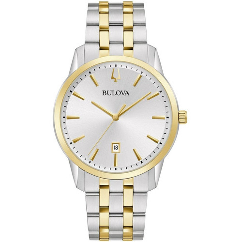 Reloj Bulova Sutton 98b385 Para Caballero Original E-watch Color De La Correa Plateado Color Del Bisel Dorado Color Del Fondo Plateado