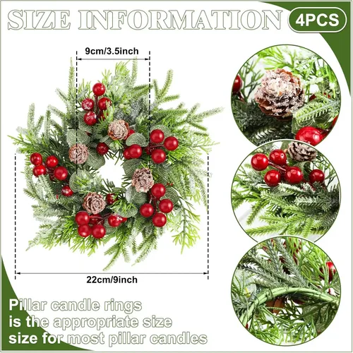 Lyrow 4 Pcs Christmas Candle Rings Wreath Norfolk Pine Ga