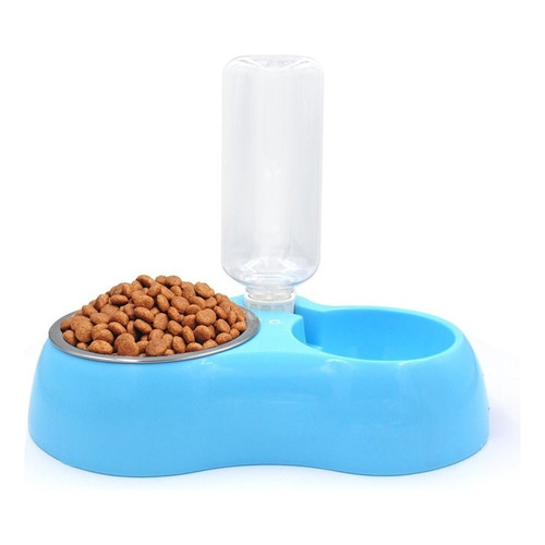 Comedero Doble Bebedero Con Botella Plato Para Perros Gatos Color Celeste