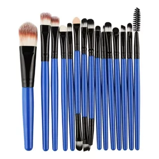 Brochas Maquillaje Profesional Set 15 Piezas Pelo Sintetico Color Azul