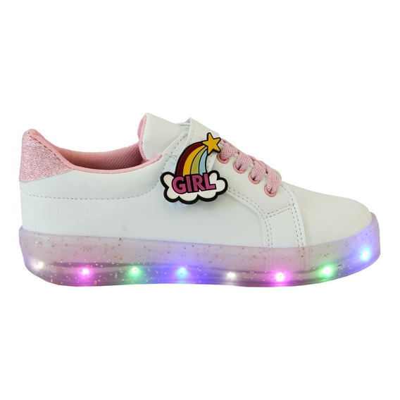 Tenis Niña Luces Blanco Escolar Glitter Led Velcro Brillos 