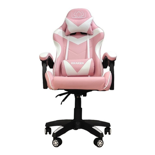 Silla de escritorio Kraken 1002 gamer ergonómica  rosa y blanca con tapizado de piel sintética y cuero sintético